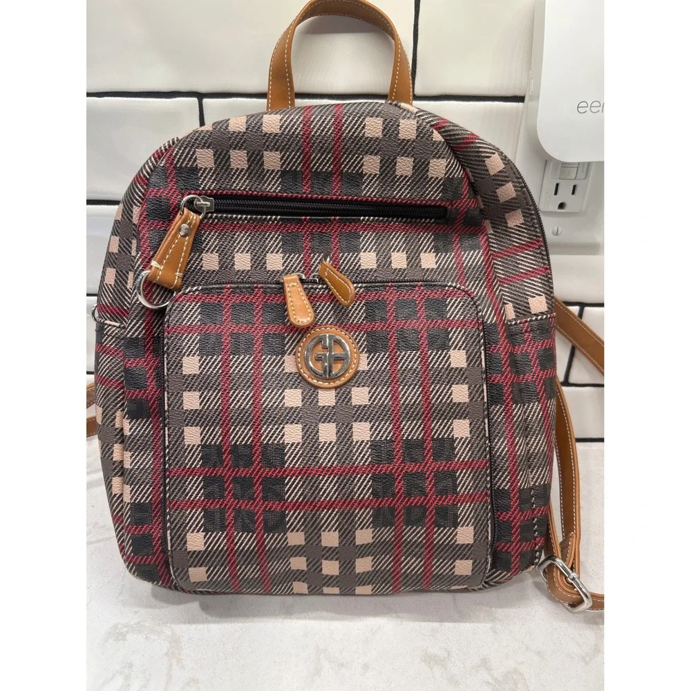 Giani Bernini Plaid Mini Backpack Brown Red Tan Fall Checkered Bag Small